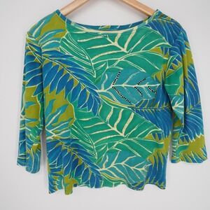 Faith T-Shirt Womens M Green Jersey Boat Neck 3/4 Sleeve Floral Rhinestone